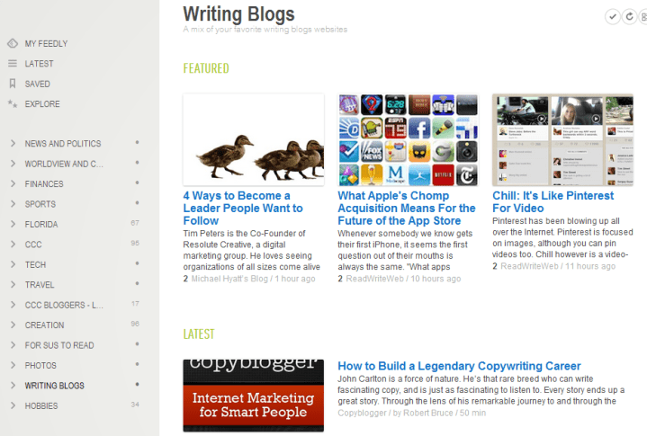 My Feedly section on blogging