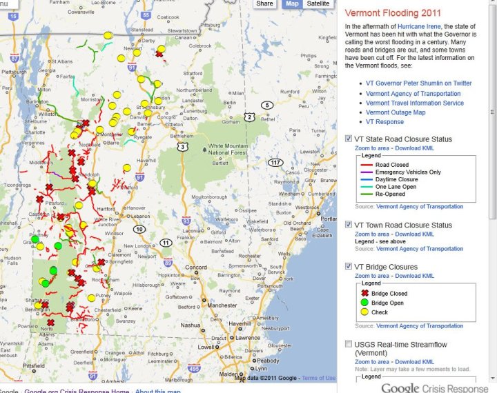Google map of road closures and bridges out in Vermont